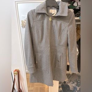 Michael Kors grey wool blend hooded coat with gold hardware.
